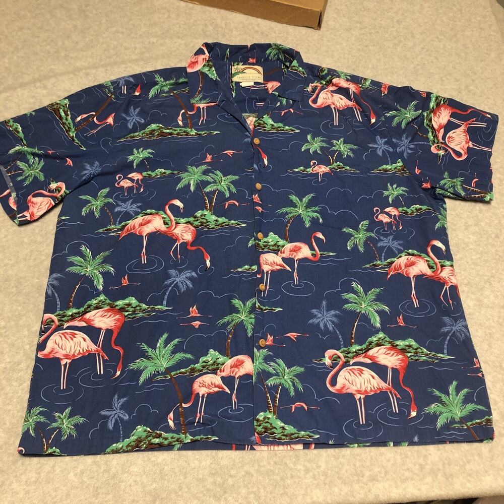 Paradise Found Men's Hawaiian Shirt XXL All Over Print Flamingo Palm Trees USA